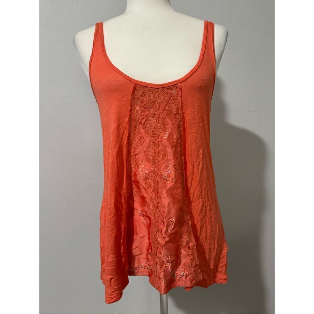 Free people orange embroidered front lace tank top Sp